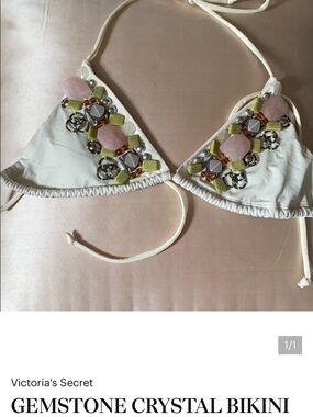 Victoria's Secret White Triangle Bikini Top with Pink & Lime Gem Accents